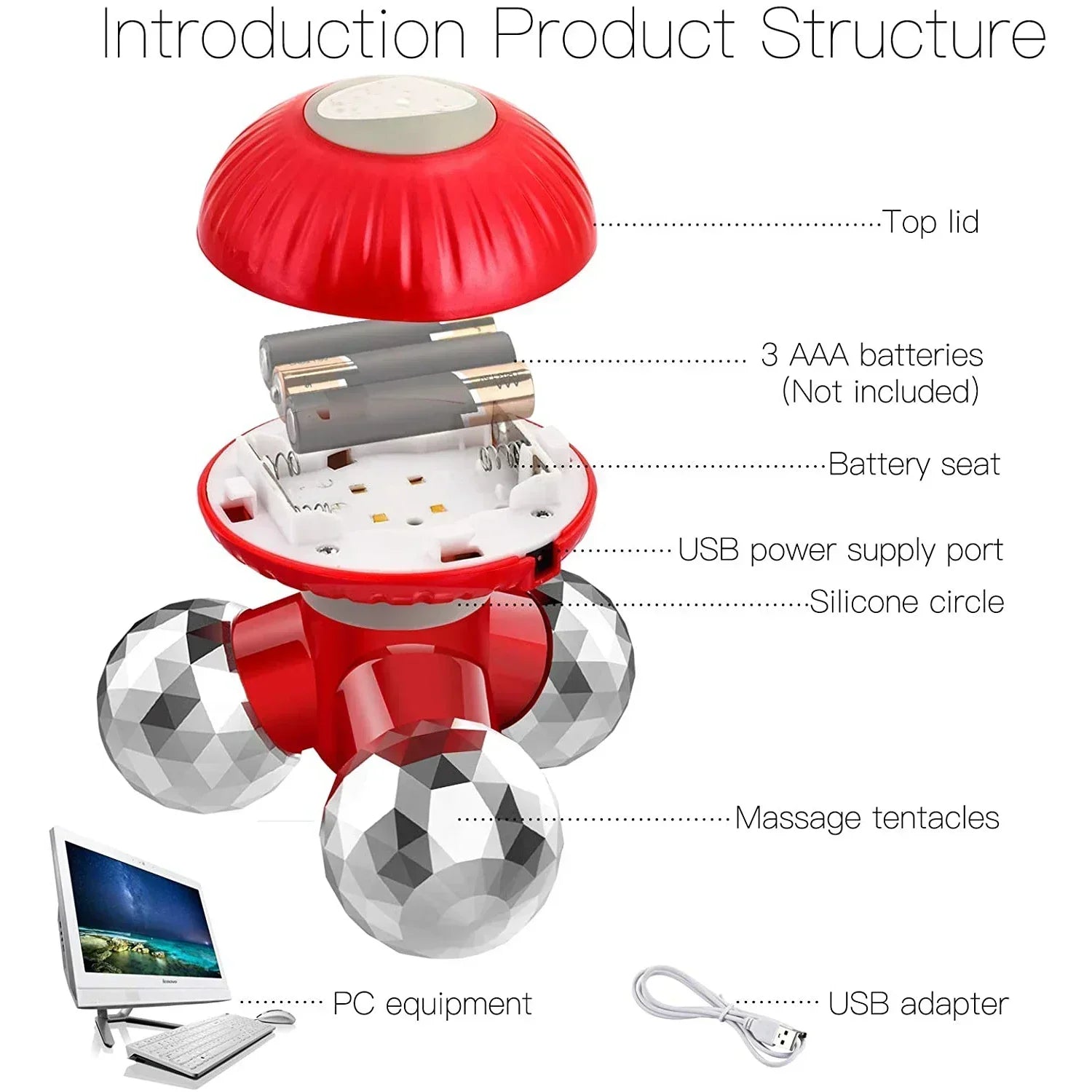 4-in-1 Handheld Vibrating Massager Portable Mini Massager Red-2